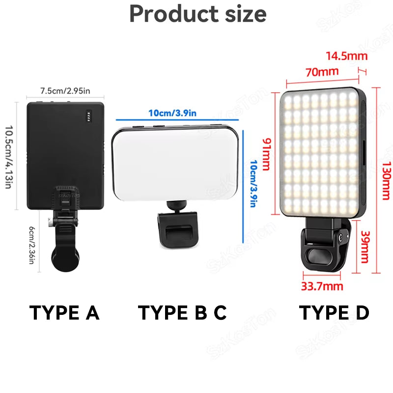 LED Mobile Phone Computer Fill-In Light Adjustable Portable LED Lamp Rechargeable Clip Fill Video Light for Live Selfie Meeting